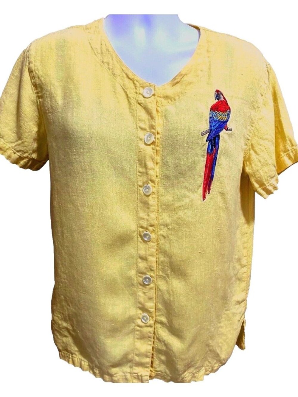 Vintage Sunbelt Linen Top Women's M Yellow Parrot Embroidered Button USA Blouse